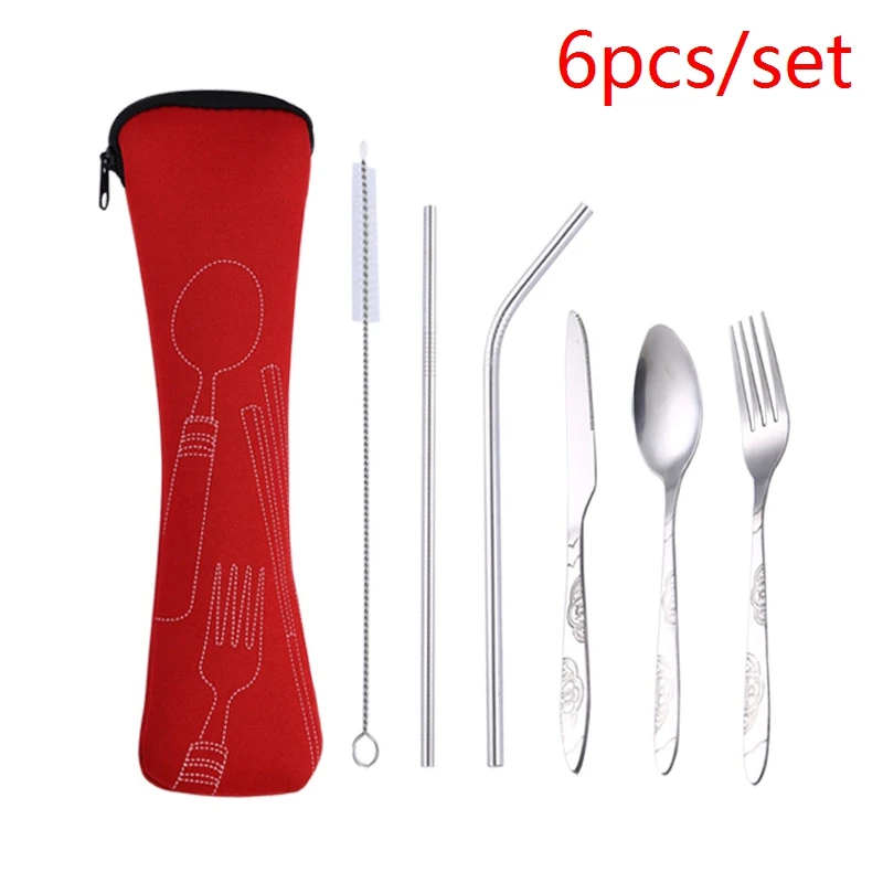 red 6pcs 3 шт./6 шт./компл. Портативный Нержавеющая сталь набор столовых приборов цветок картина вилка ужин набор посуды домашней утвари посуды сумка - Цвет: red 6pcs
