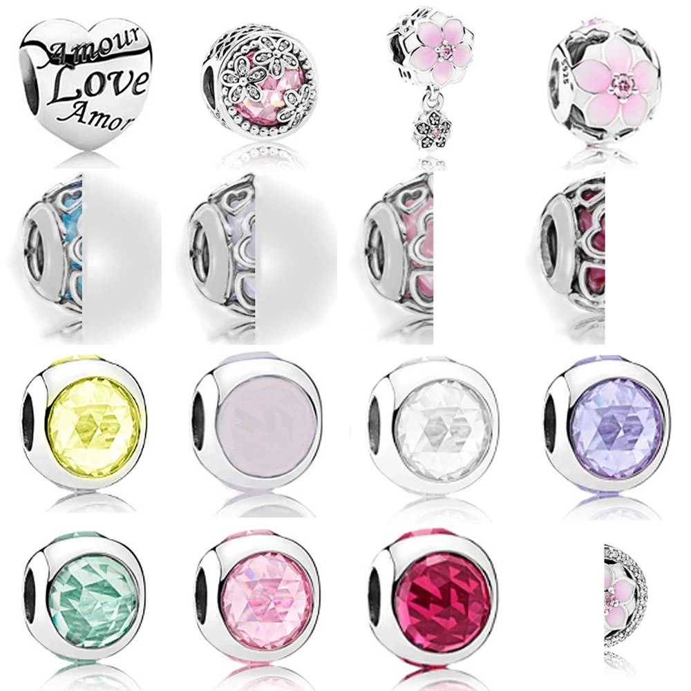 

NEW 2021 100% 925 Sterling Silver Love Flower Pink Gems Charm Pendant Fit DIY Original Bracelet Fshion Jewelry Gift