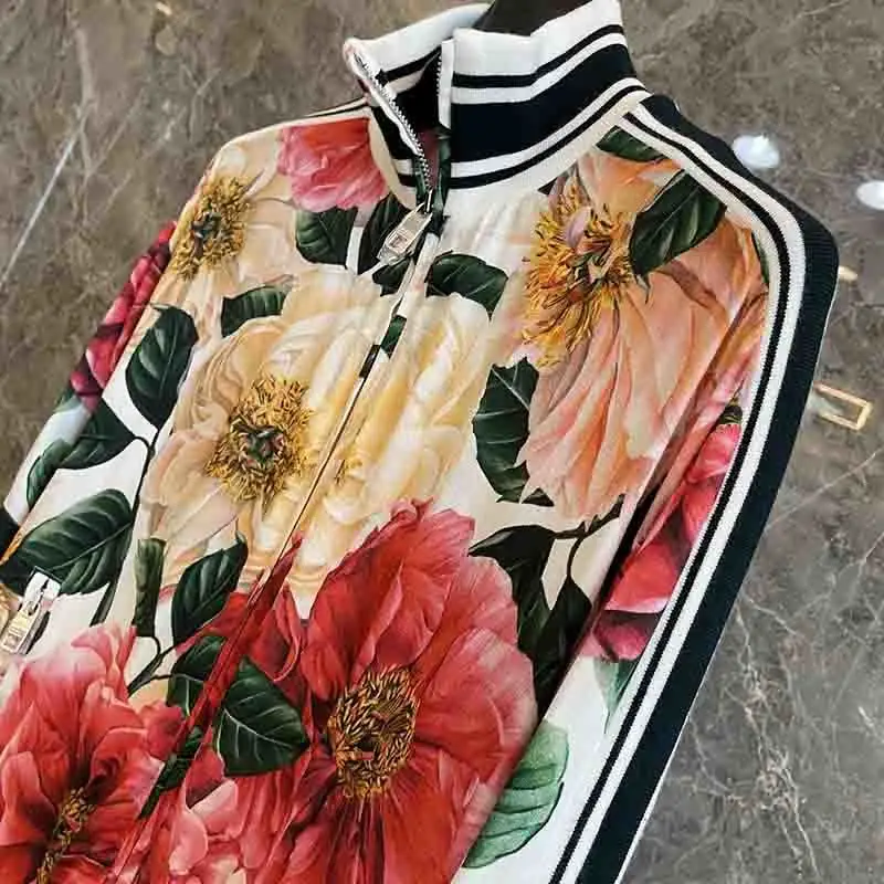 Tracksuit 2021 Spring Women Sets Rayon Print Casual Suit Zipper Baseball Jacket Drawstring Pants Sports 2 Piece Set