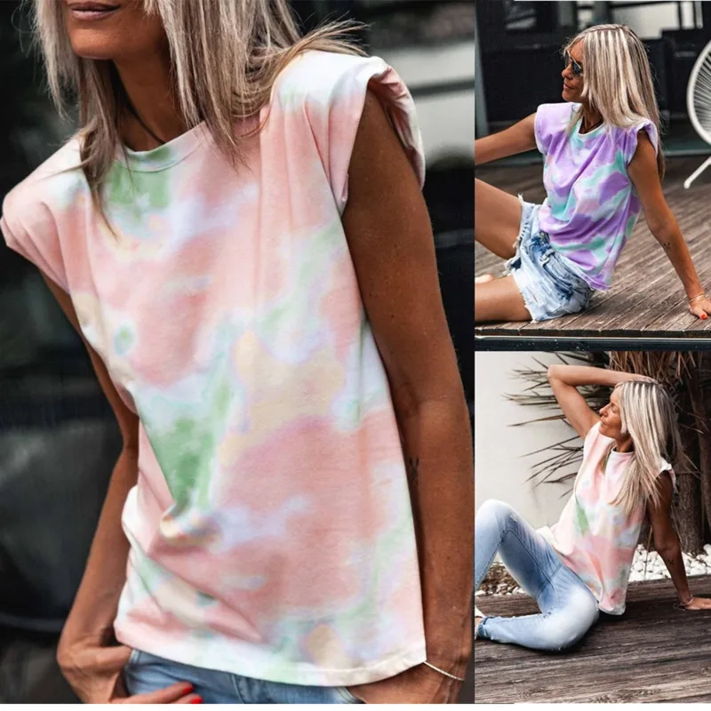 

2021 Summer Tie Dye Print Tank Top Women Streetwear Casual O Neck Sleeveless Purple Vest Tops Female Vintage Loose T Shirts Y2K