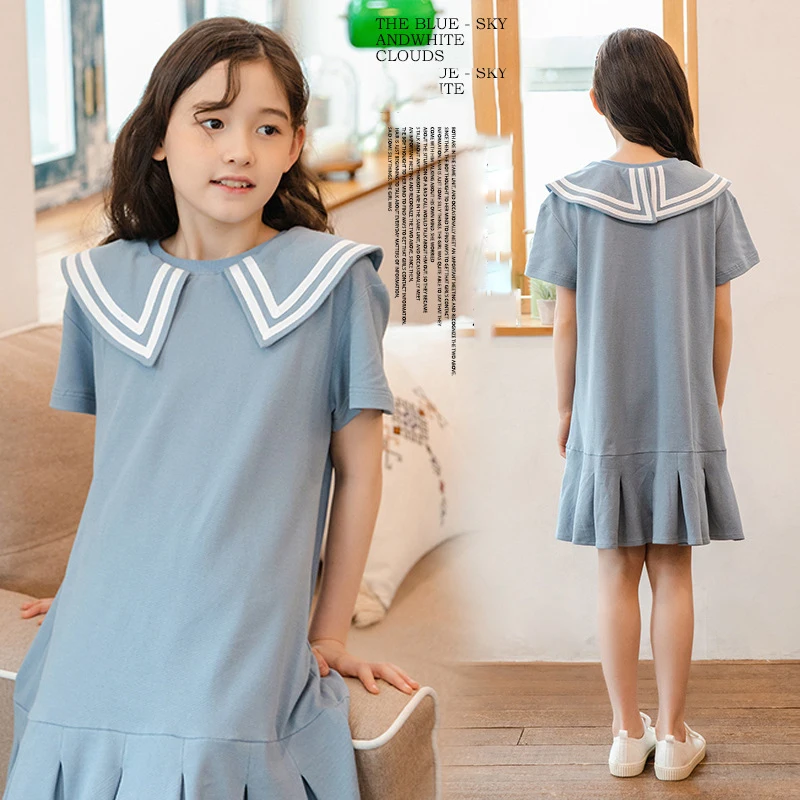 

Детские платья в консервативном стиле Лето 2022 г.; Детская одежда с матросским воротником; Светильник с короткими рукавами для девочек; Синий...