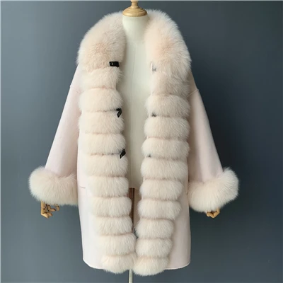 Light Beige MAOMAOFUR кашемировое шерстяное пальто для женщин, длинный стиль, длинные рукава, воротник из натурального Лисьего меха, Полоска, пиджак с манжетами, Женское шерстяное пальто - Цвет: Light Beige