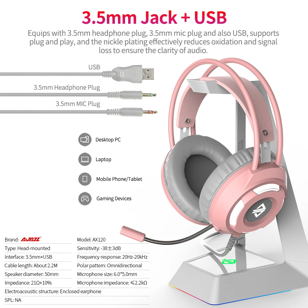 Светящиеся наушники Ajazz AX120 аудиоразъем 3 5 мм USB-разъем 50 объемный бас музыка