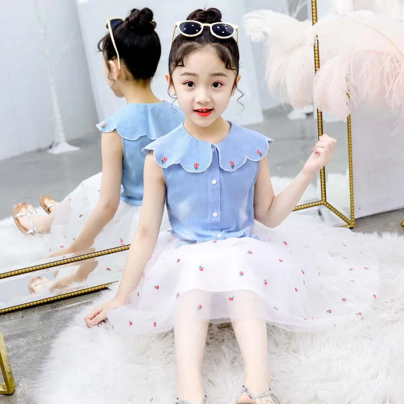 Комплекты одежды для девочек летняя модная одежда топ без рукавов + сетчатая юбка