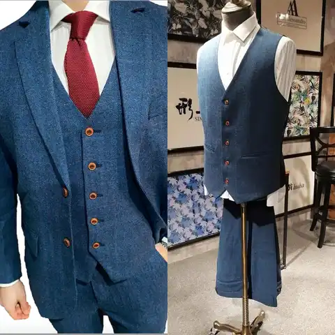 Шерстяные синие мужские костюмы в елочку, в стиле ретро джентльмена, индивидуальный костюм, Блейзер, блейзер (пиджак + брюки + жилет)