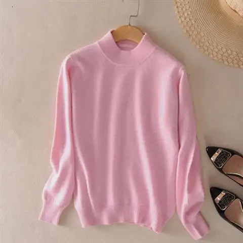 

Women Cashmere 2020 Autumn Winter Vintage Half Turtleneck Sweaters Plus Size Loose Wool Knitted Pullovers Female Knitwear