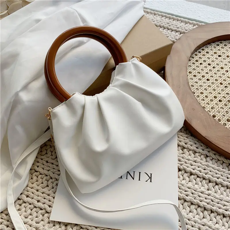 

Ladies Retro Pleated Wooden Top Handle Bags Wide Strap Shoulder Crossbody Bag White Black Women Cute Small Purses And Handbags