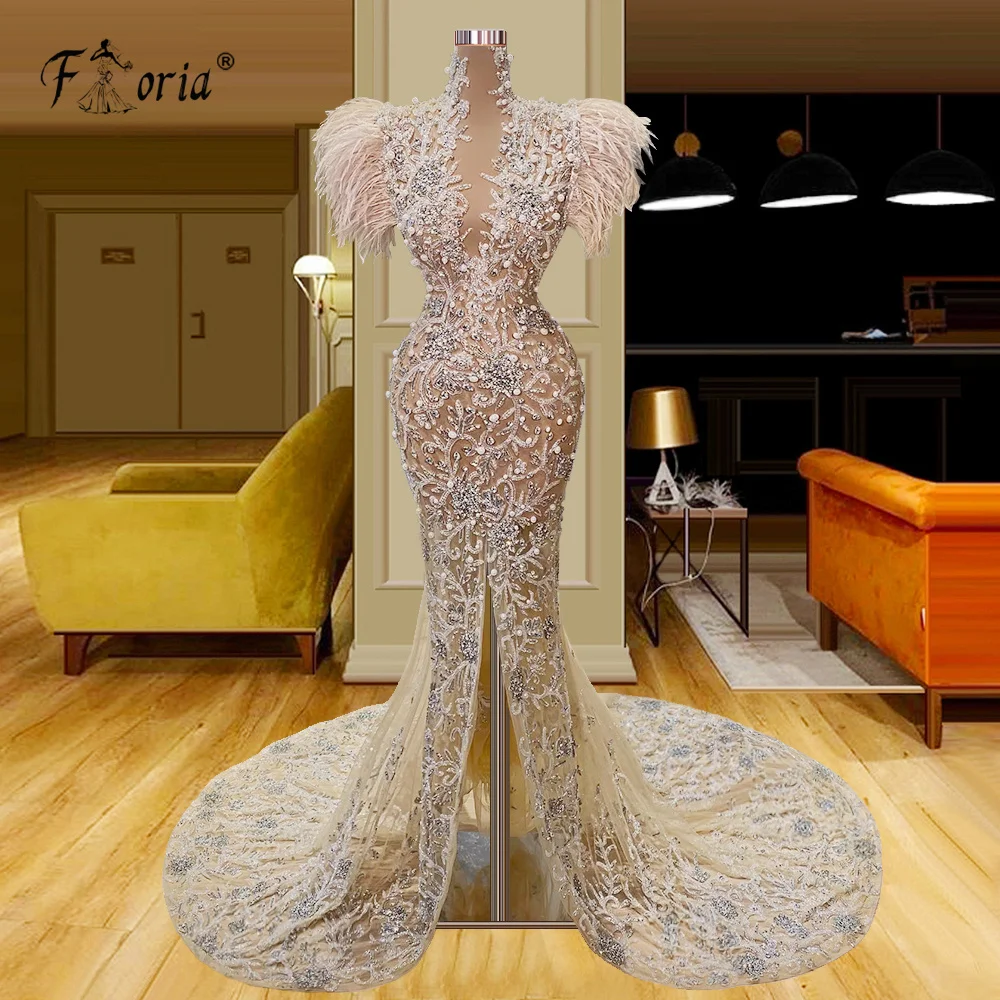 

Elegant Long Fomal Evening Dress Sparkly Pearls Beaded Cystals Prom Gowns Feathers Pageant Gown Customize Robe de mariée