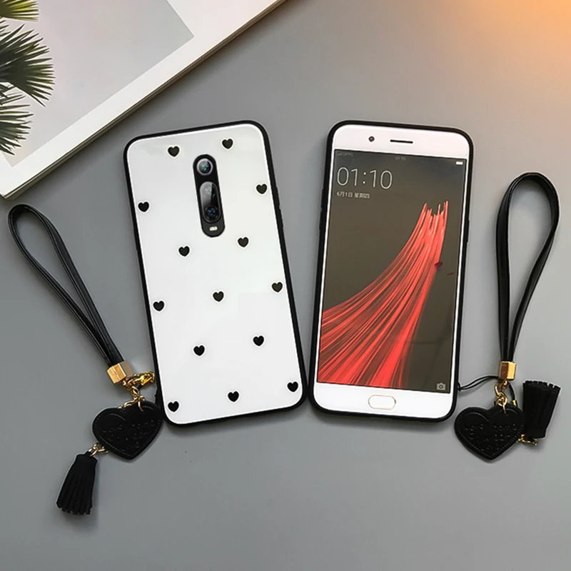 

Case & Strap For oppo reno 10x zoom k1 k3 realme X Lite phone Case Small Love Heart Glass Hard Cover For OPPO reno z realme 3Pro