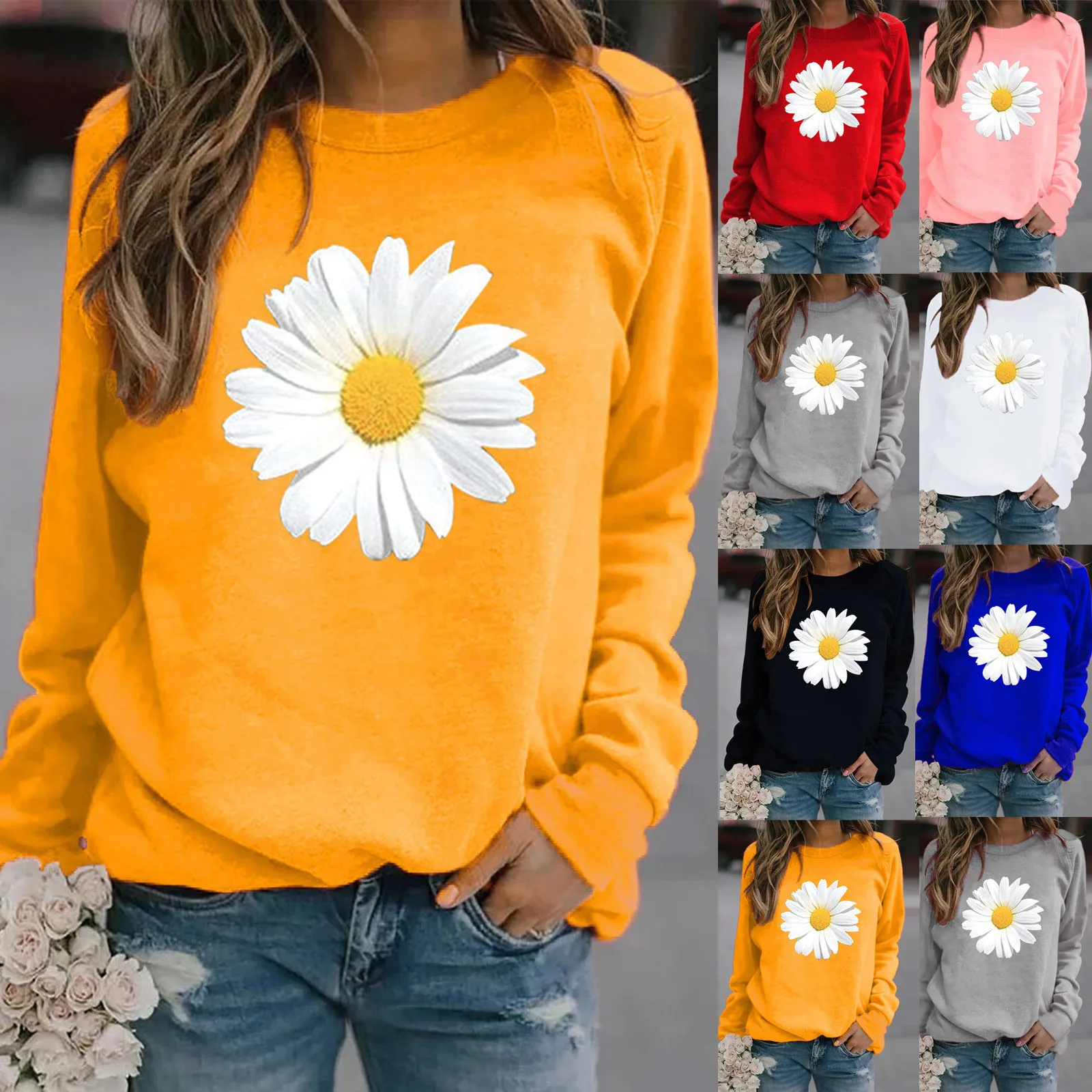

Winter Woman Casual Flower Print Tops Ladies Daisy Print Sweatshirts Women Tee Plus Size Aesthetic Tops #G