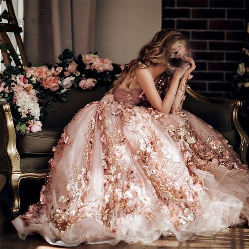 Prom Dresses 2020 Modest Short Sleeves Long For Women One Sleeve Luxury 3D Flower Pink Appliqued Formal Evening Gown Floor Train