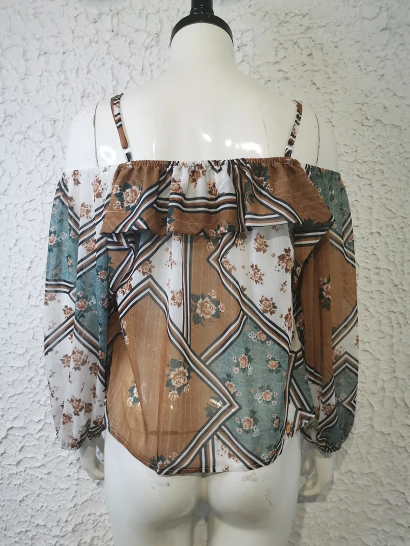 

Women Summer Slash Neck Tops Blouses Shirts Long Sleeve 2021 New Vintage Print Casual Basic Tops Female Holiday Vacation Clothes