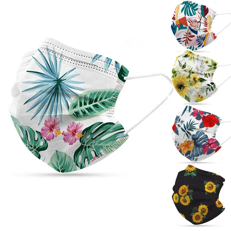 

10/50/100pc Disposable Adult Mouth Mask Floral Print Pattern 3ply Anti-dust Non Woven Cloth Elastic Ear Loop Fashion Mascarillas