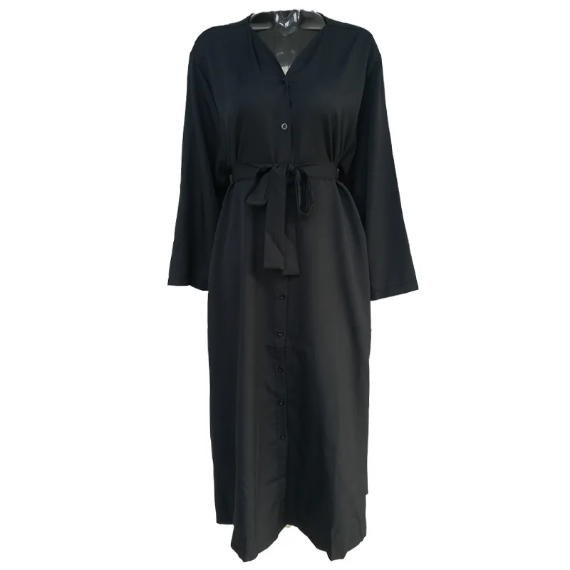 

Chao Zao New Solid Color oversize Fashion Loose V-Neck Lace-Up Long Sleeve Dress