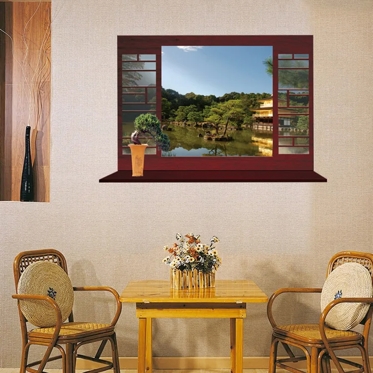 

Creative new Chinese living room bedroom study wall stickers classical Chinese style false window summer view lakeside