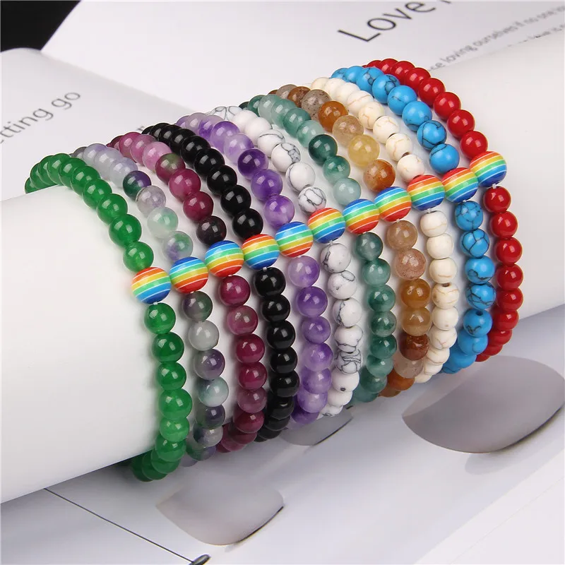 

6mm Beads Bracelet Women Colorful Rainbow Charm Bracelets Natural Stone Jades Beaded Elastic Lucky Bracelet Men Female Jewelry