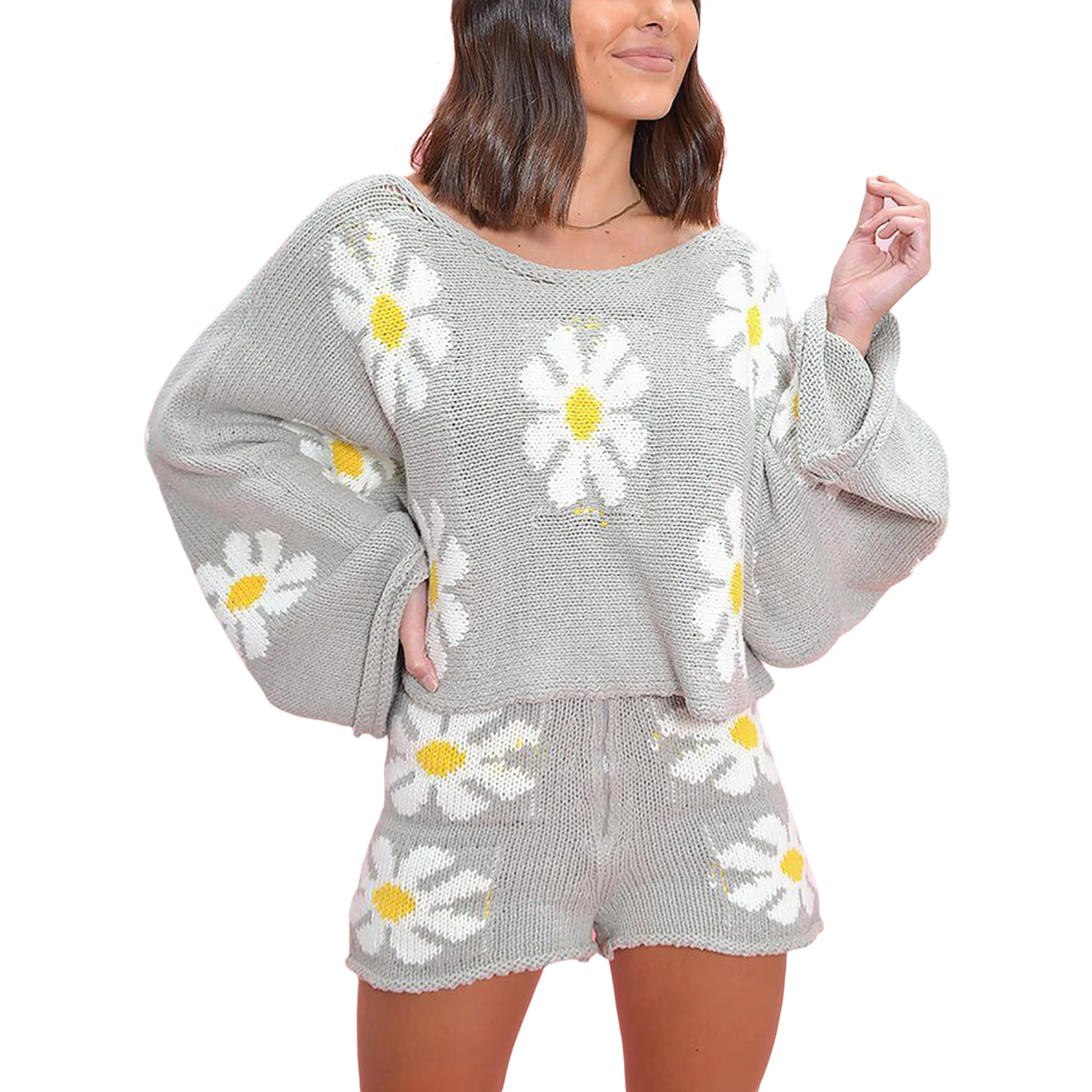 

Женский вязаный комплект из двух предметов, Женский пуловер с цветочным рисунком и шорты с широкими штанинами