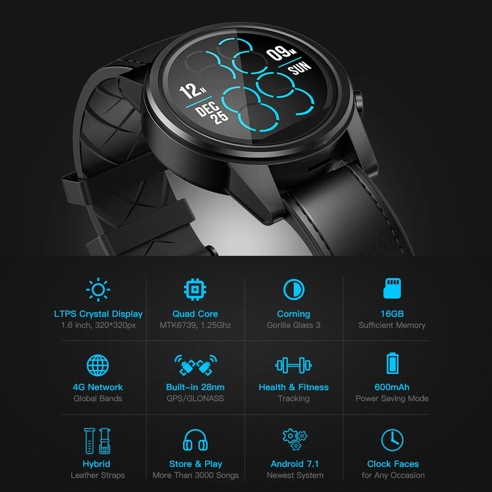 Zeblaze THOR 4 PRO 4G Смарт-часы 1 6 дюйма с кристаллами GPS/GLONASS четырехъядерный 16 Гб 600 мАч