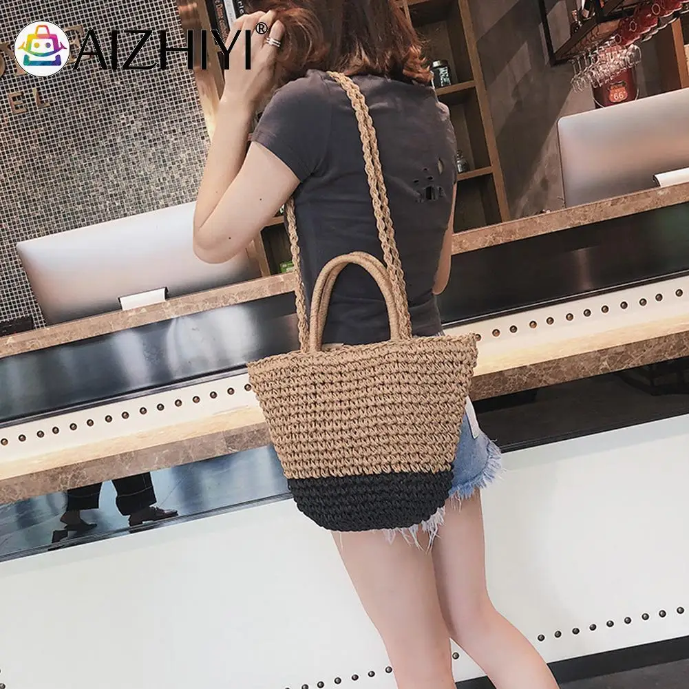

Fashion Women Drawstring Woven Shoulder Bags Female Solid Color Beach Crossbody Bags Leisure Single Shoulder Pouch