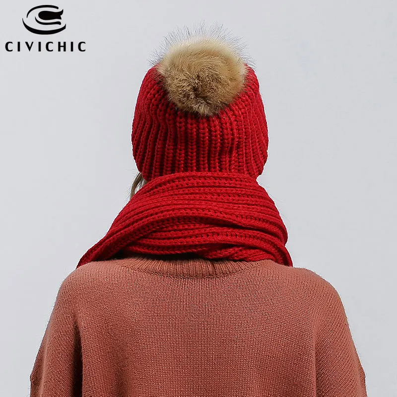 CIVICHIC Women Autumn Winter Knit Hat Scarf 2 PCS Warm Set Pompon Beanies Skullies Crochet Cap Thick Headwear Casual Shawl SH143 |