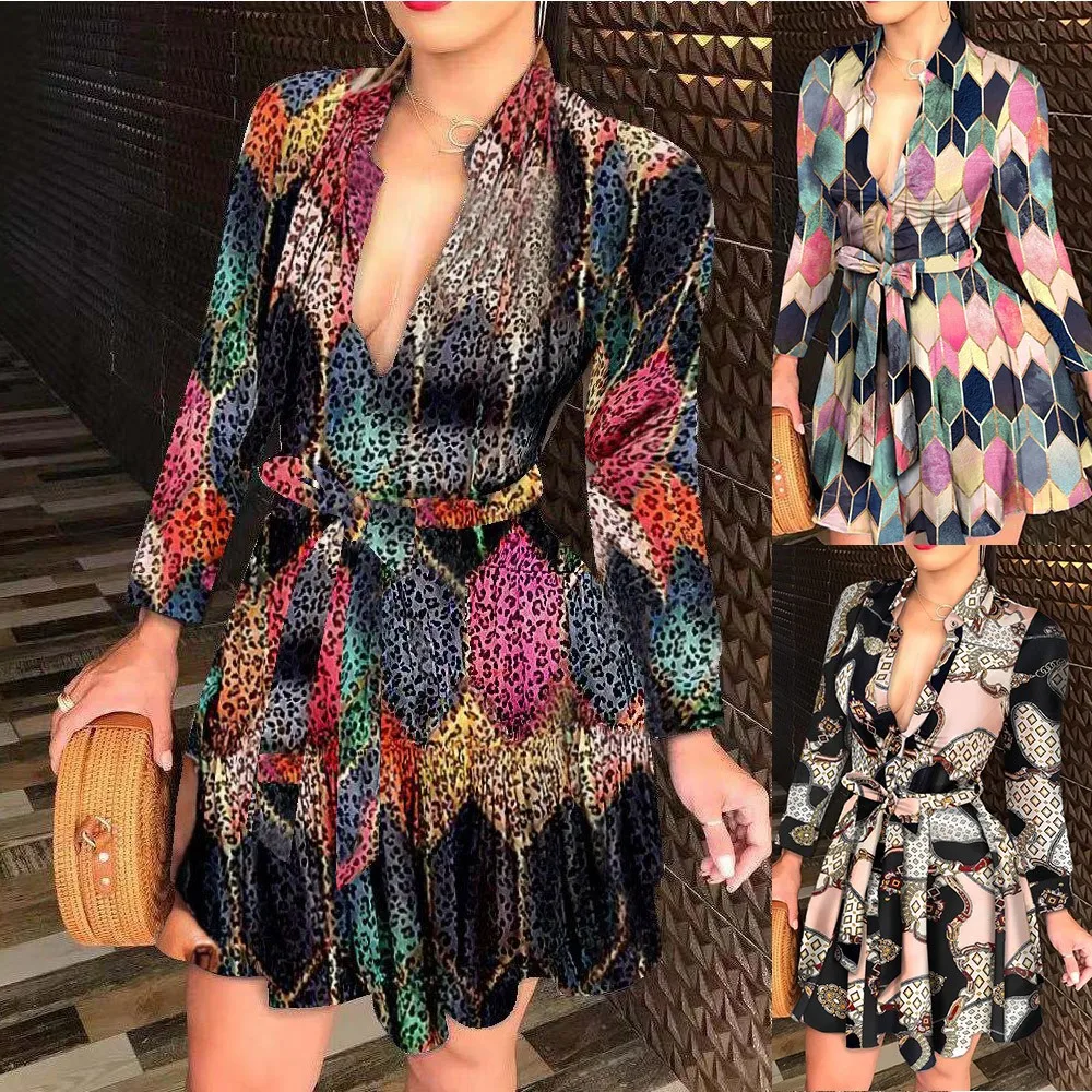 

Women's Dresses V Neck Long Sleeve Skater Fall Dress Female Robe Female Clothing Printing Sexy Female Short X Line Party