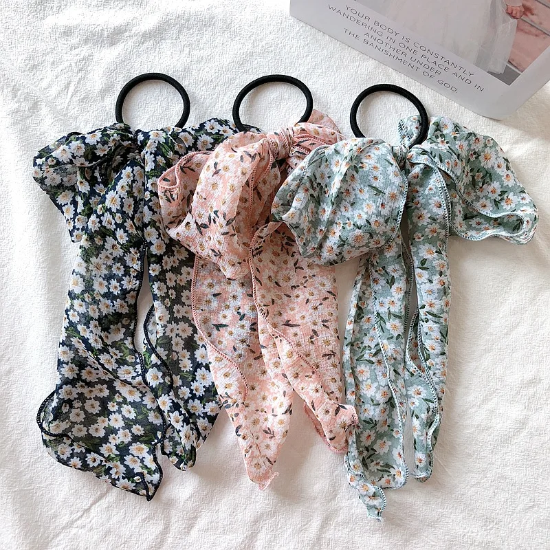 

Korean Girls Hair ties Chiffon Scrunchie Floral Elastic Hair Bands For Women Elegant Bow Ties Ponytail Holder Hair Accessories