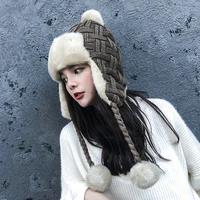 winter women girl knitting fur hat pom poms soft caps snow girls thick warm ear ski outdoor protector bomber fur hats