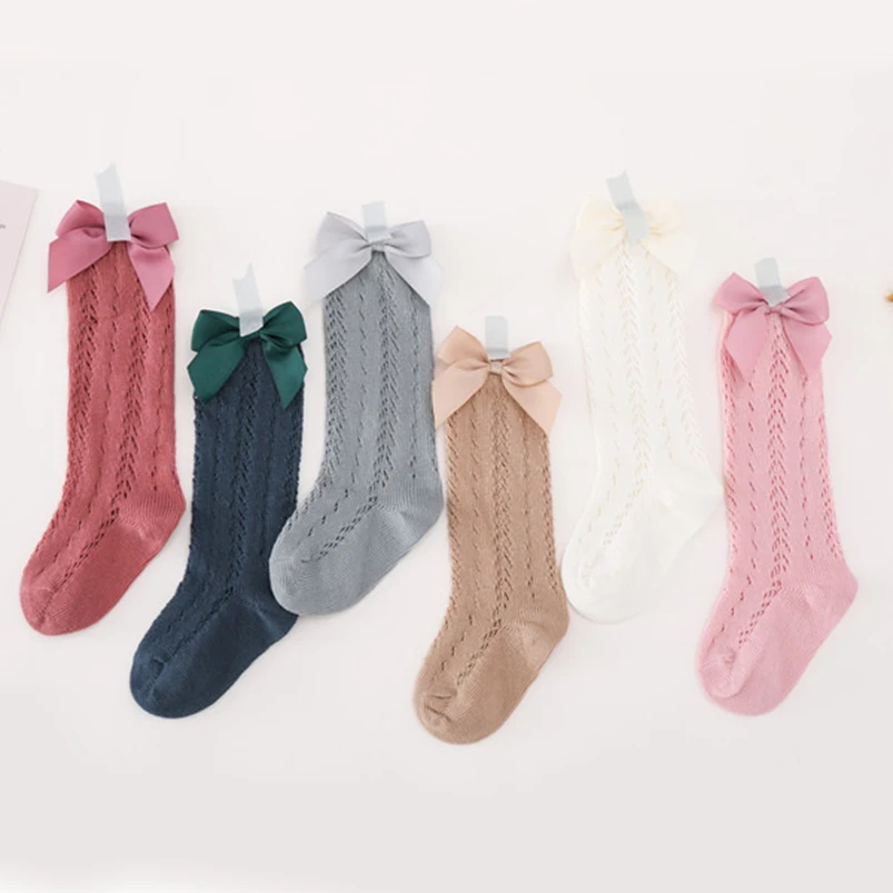 Calcetines largos hasta la rodilla para ni&ntilde;as de 0 a 8 a&ntilde;os, de malla de algod&oacute;n, con lazo, dise&ntilde;o lateral, botines, de princesa-0