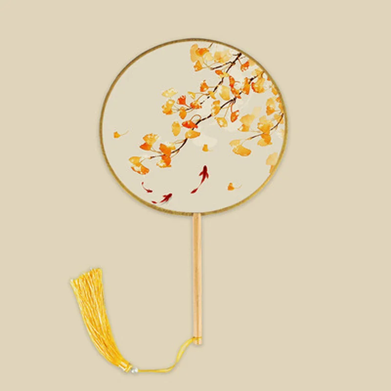 

Chinese Style Round Fan with Wooden Handle with Tassel Pendant Vintage Palace Hand Fan Dance Wedding Party Supplies Home Decor
