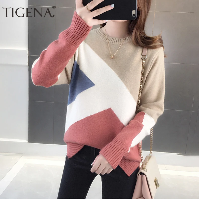 TIGENA Beautiful Contrast Color Knitted Sweater Women 2019 Fall Winter Long Sleeve Pullover Female Loose Jumper | Женская одежда