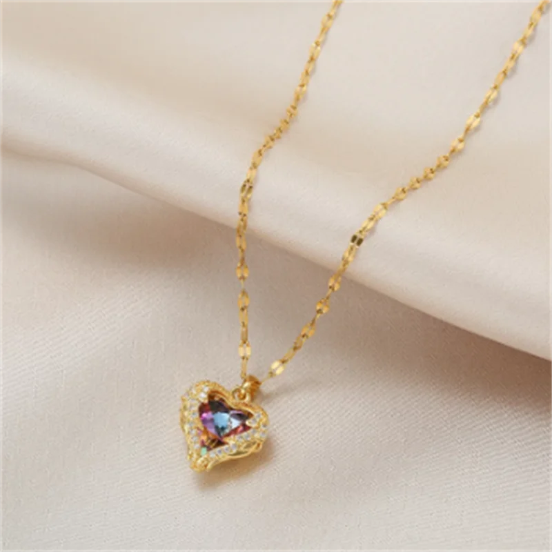 

Collar con colgante de corazón chapado en oro para mujer, joyería de acero de titanio, gran Cristal, gargantilla de lujo, Corean