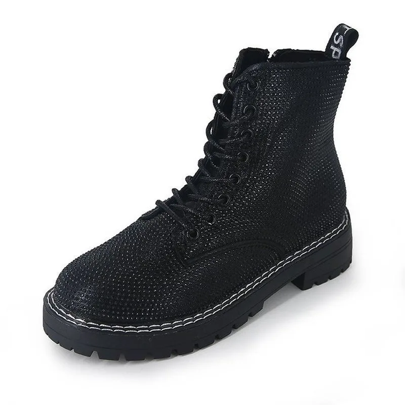 

Women's Short Boots Autumn New 2020 Rhinestone Upper Tide European Station Lace-up Women's Shoes Martin Boots