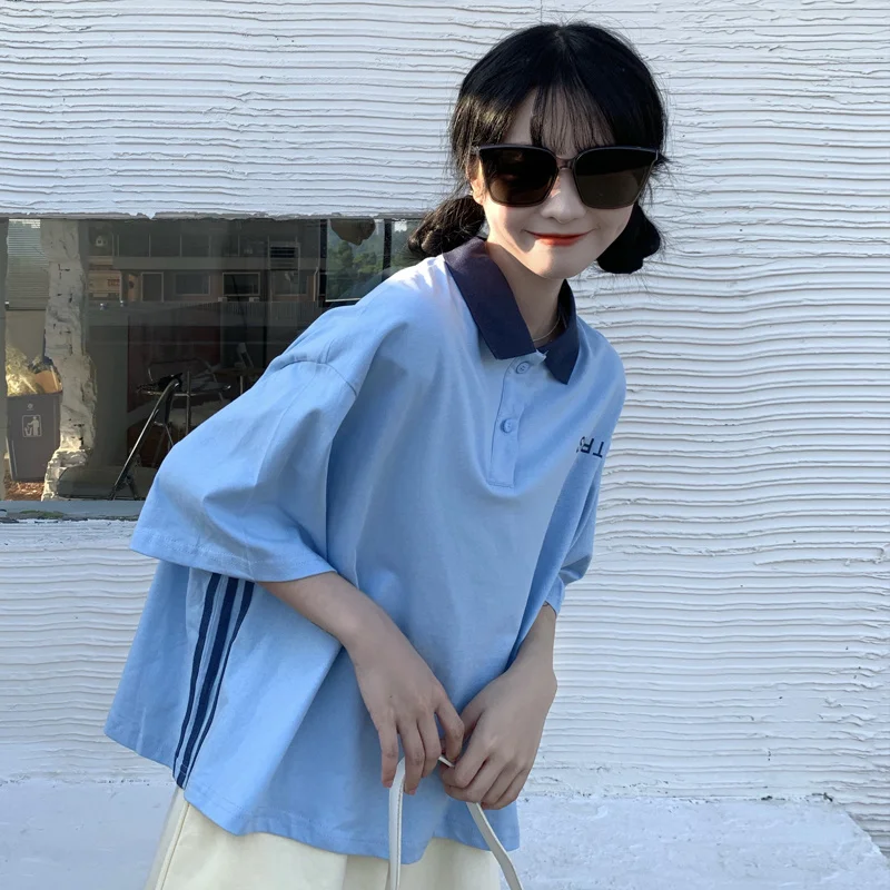 

American Polo Shirt Short Sleeve T-shirt Women's Loose Korean Style Ins Basketball Style Hiphop Fried Street Sports Tops