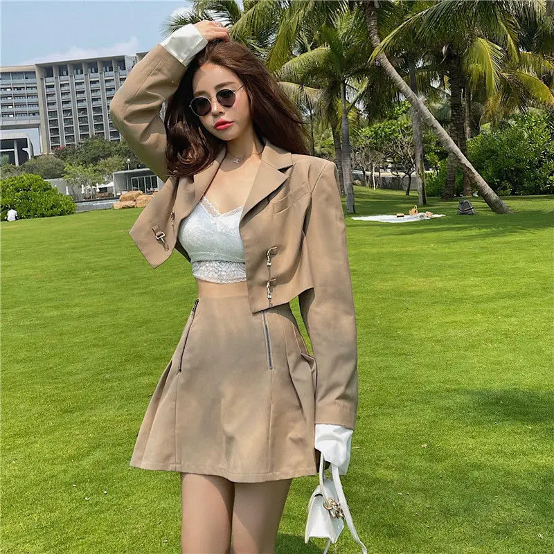 

2021 Summer New Fashion Women Sets Korean Thin Cropped Blazers + Mini Skirts Two-piece Suits Woman's Clothing