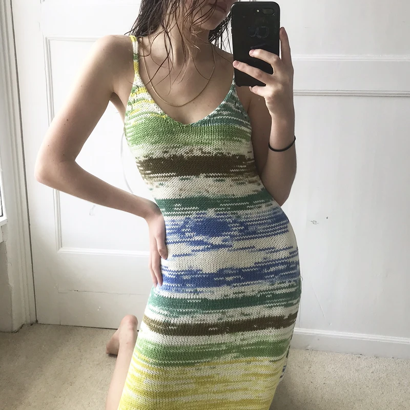 

HEYounGIRL Summer Vintage Strap Knitted Maxi Dress Elegant Split V Neck Bodycon Long Dresses Women Casual Sleeveless Streetwear