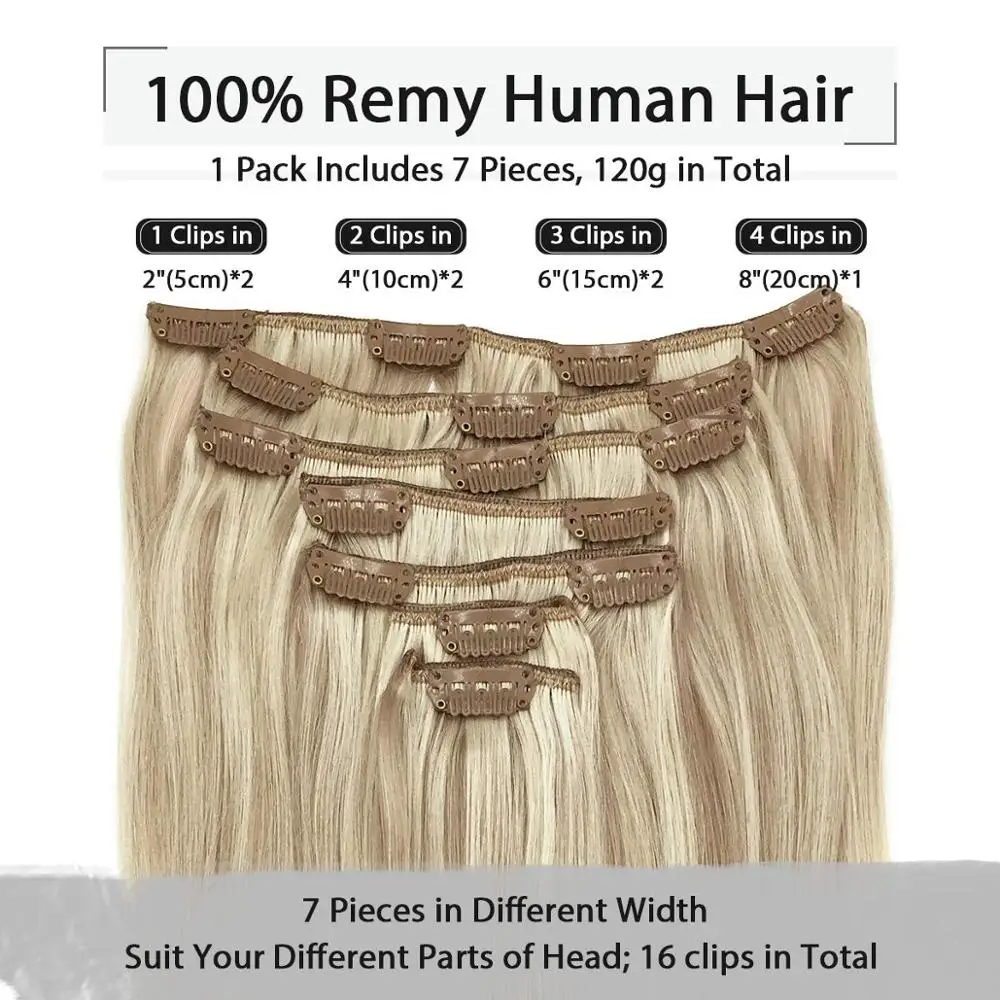 Extensiones de cabello humano Remy con Clip de cabeza completa extensiones de cabello liso de color negro a marrón claro rubio miel Ombre 120g