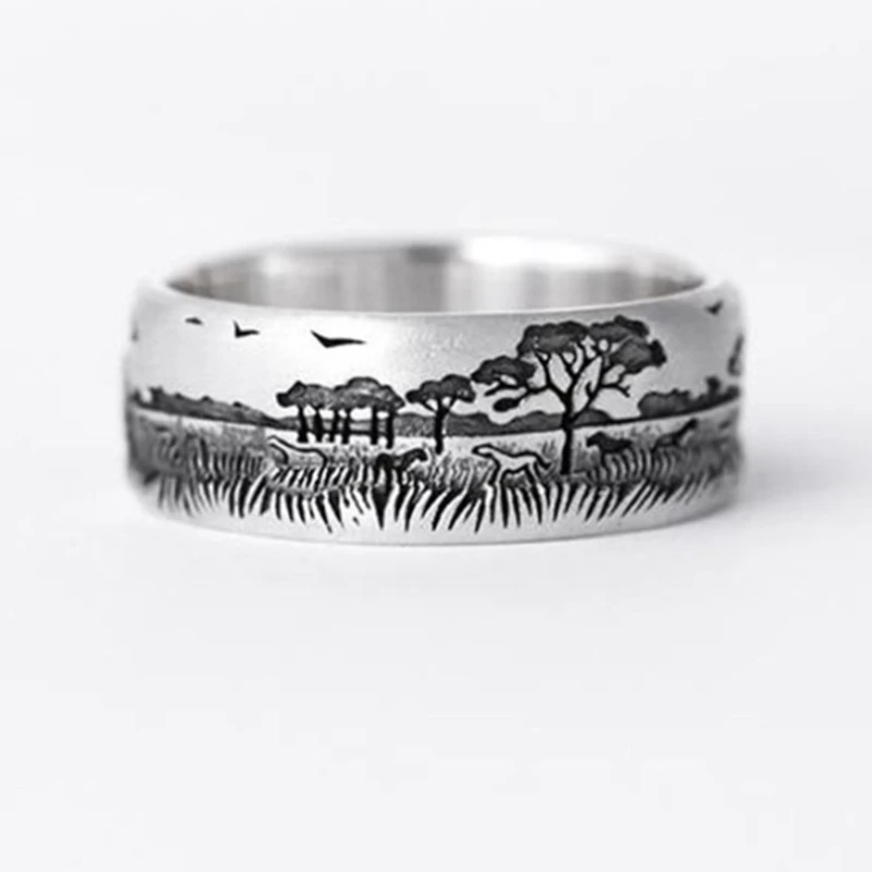 

Creative Vintage Metal Silver Color Animal Zebra Carved Finger Ring Geometric Forest Pattern Casual Wedding Party Ring Jewelry
