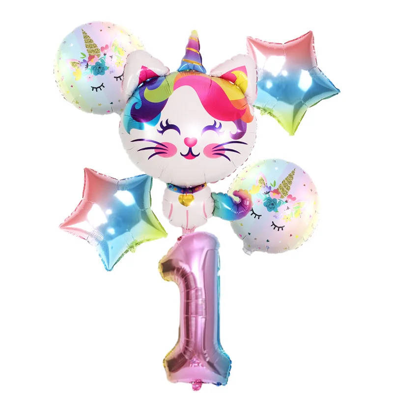 6pcs Rainbow Unicorn Cat Foil balloon 32inch Gradient color Number ballon Birthday Wedding Party Decoration supplies Baby Shower | Дом и сад