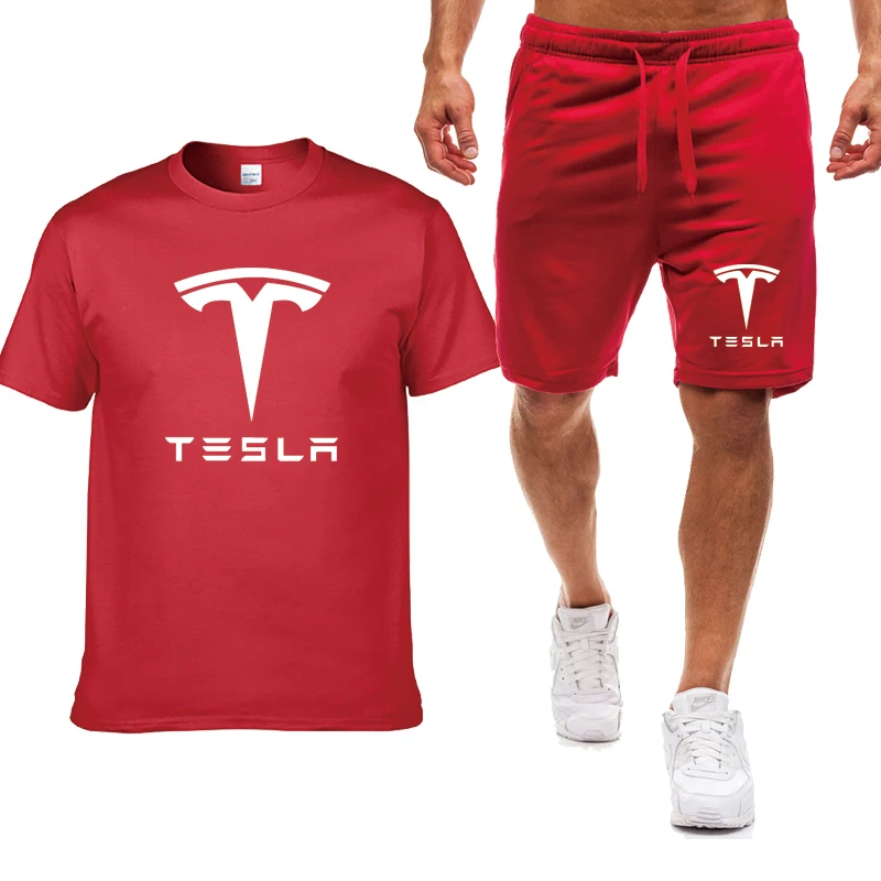 

Fashion Summer new Men's suits Tesla car logo casual high quality Cotton Solid color Men's short sleeve + shorts 2-piece set