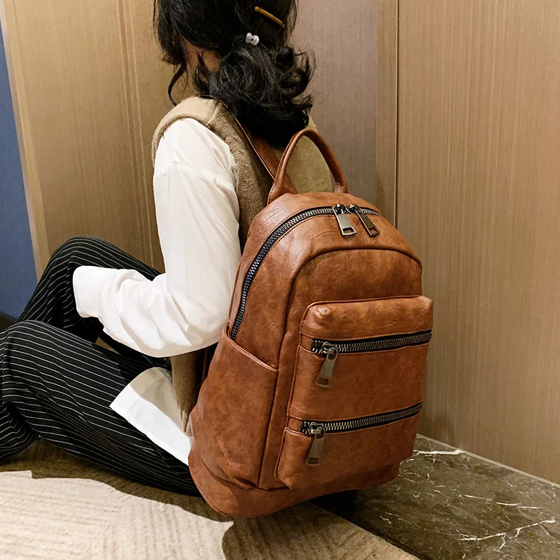 Double Zipper Pu Leather Women Backpack Multifunction Travel Rucksack Female Anti-theft Shoulder Bag Mochila Gris Mujer | Багаж и сумки