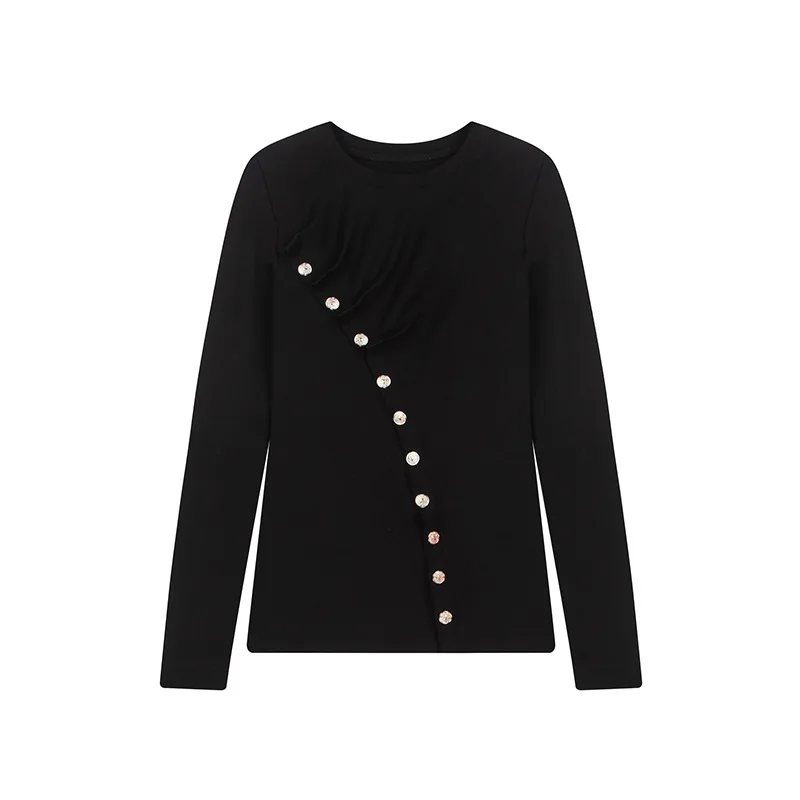 

Женская Базовая рубашка с круглым вырезом, весенне-осенняя Универсальная футболка с шлифованными деревянными ушками, приталенный Топ с дли...