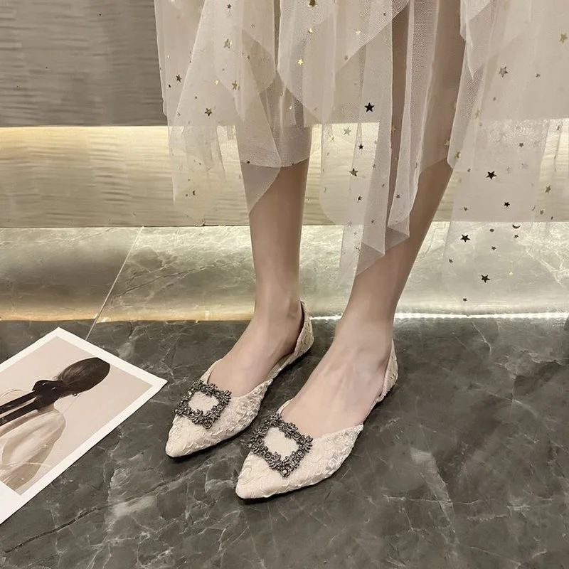 

Shallow mouth rhinestone temperament pointed toe single shoes women 2021 summer new all-match one-step hollow work shoes