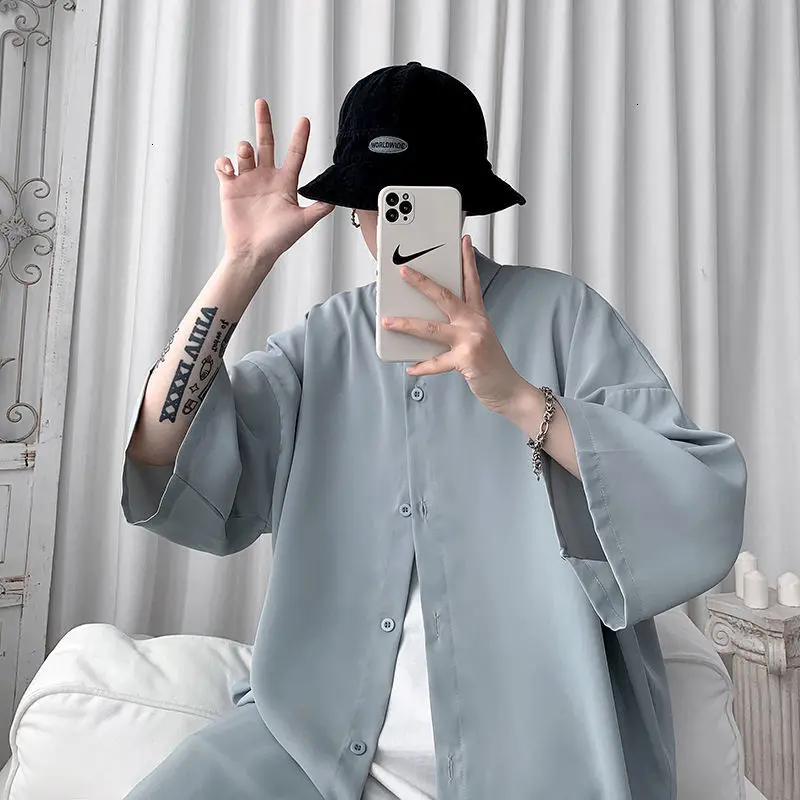 HYBSKR 2022 Summer Men Shirts Korean Style Loose Male Solid Color Short Sleeve Tops Man Baggy Casual Couple Clothes | Мужская одежда