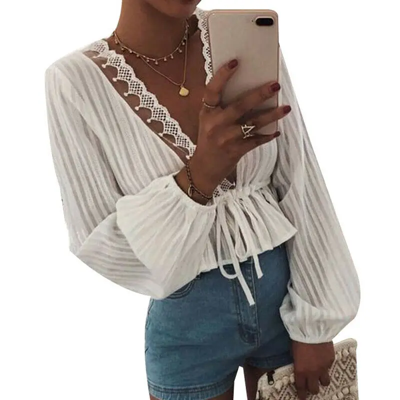 

2019 Sexy Women Lace Long Sleeve Blouses Ladies V Neck Loose Shirts Casual Tunic Blouse Tops Shirt Females New Clothing Tops