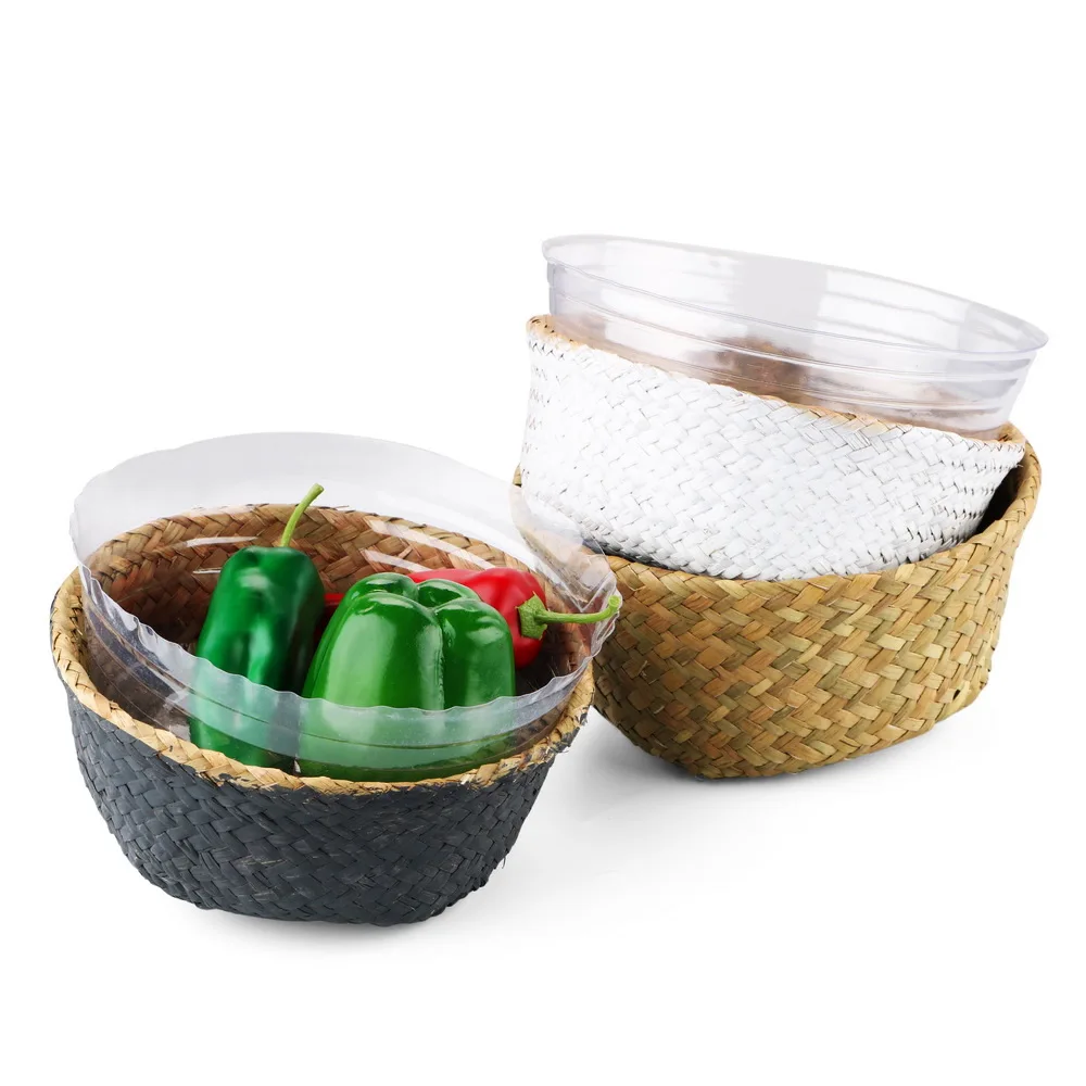 

Handmade Woven Basket Natural Sea Straw Foldable Sundries Storage Basket Patchwork Textile Organizer With Handle