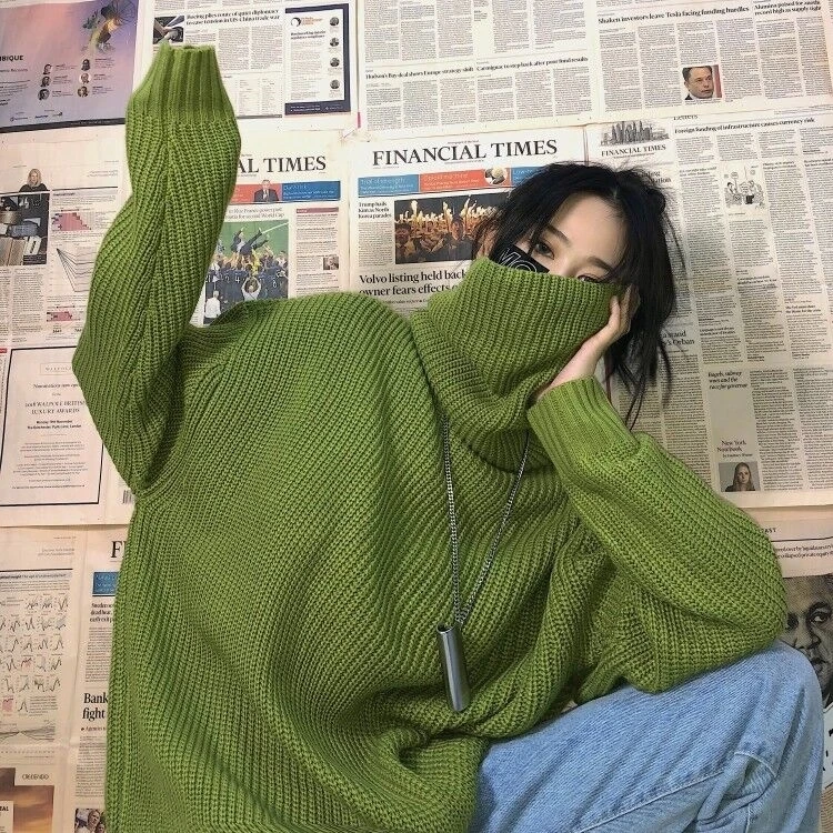 

Женский свободный свитер Bella philosophy, повседневный Однотонный свитер с воротником-стойкой в Корейском стиле, зеленый пуловер для зимы