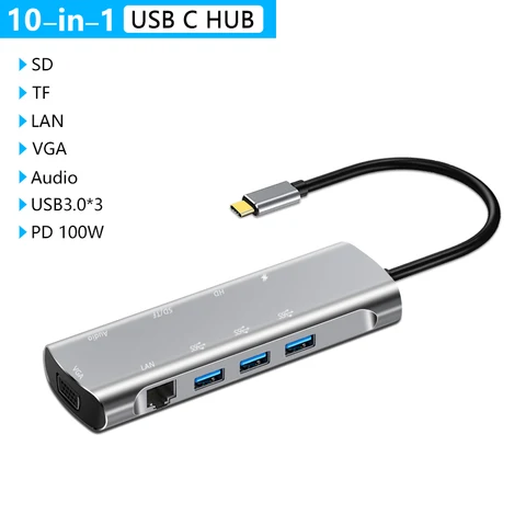 USB-концентратор 10 в 1, USB Type-C на Multi USB 3,0, HDMI/RJ45, VGA, аудиоадаптер, док-станция для Huawei Mate 30, MacBook Pro, разветвитель порта типа