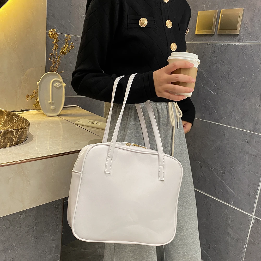 

Fashion Women Solid Color Handbag Totes Ladies Simple Top-Handle Bag Retro PU Leather Zipper Shoulder Bags Totes Handbags