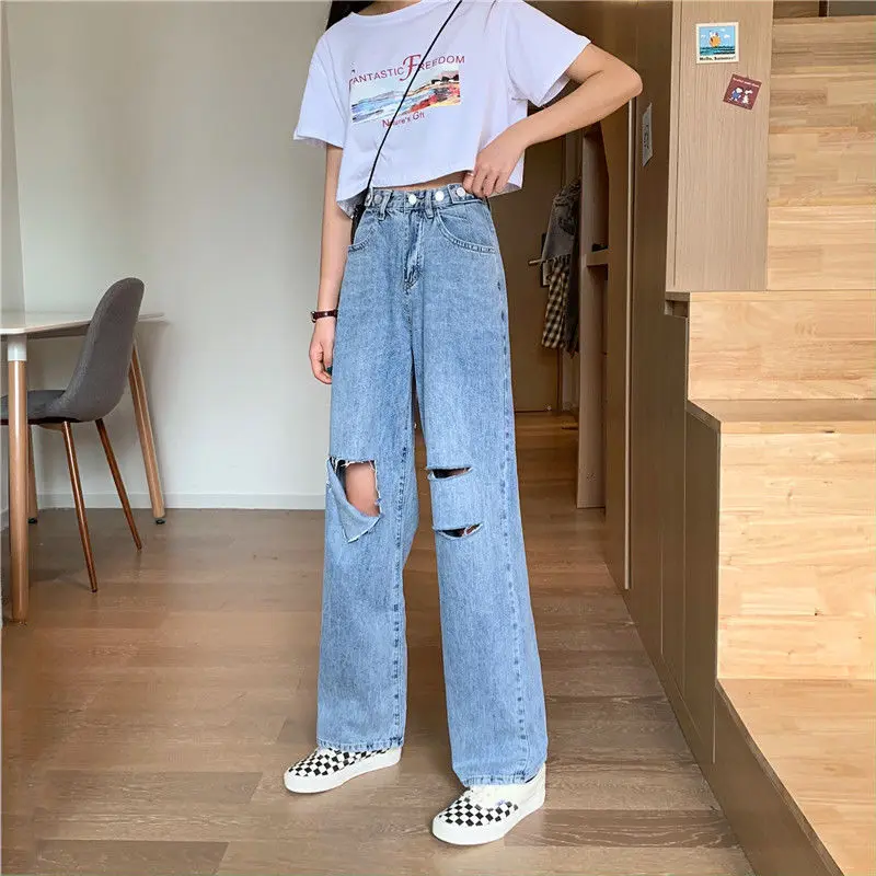 

Straight jeans 2021 new summer holed versatile loose high waistline wide leg women's pants