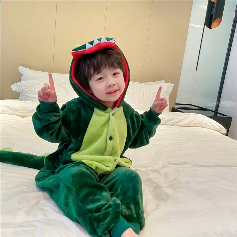 

Girl Boys Pajamas Suits Embroidery 2021 Dinosaur Winter Autumn Thicken Plus Velvet Cotton Fleece Homewear Sleepwear Children Clo